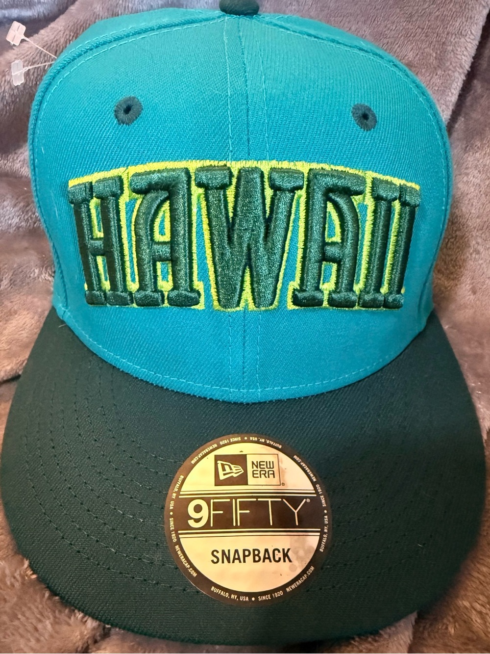 HAWAII New Era Teal Hat with Dark Green & Yellow Embroidered Lettering